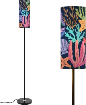 Seamless pattern colorful sea elements corals seaweeds shells sea Modern Floor Lamp Minimalist Standing Lamps for Living Room LED Corner Lamp Remote Control Metal Pole Lamp for Bedroom, Reading