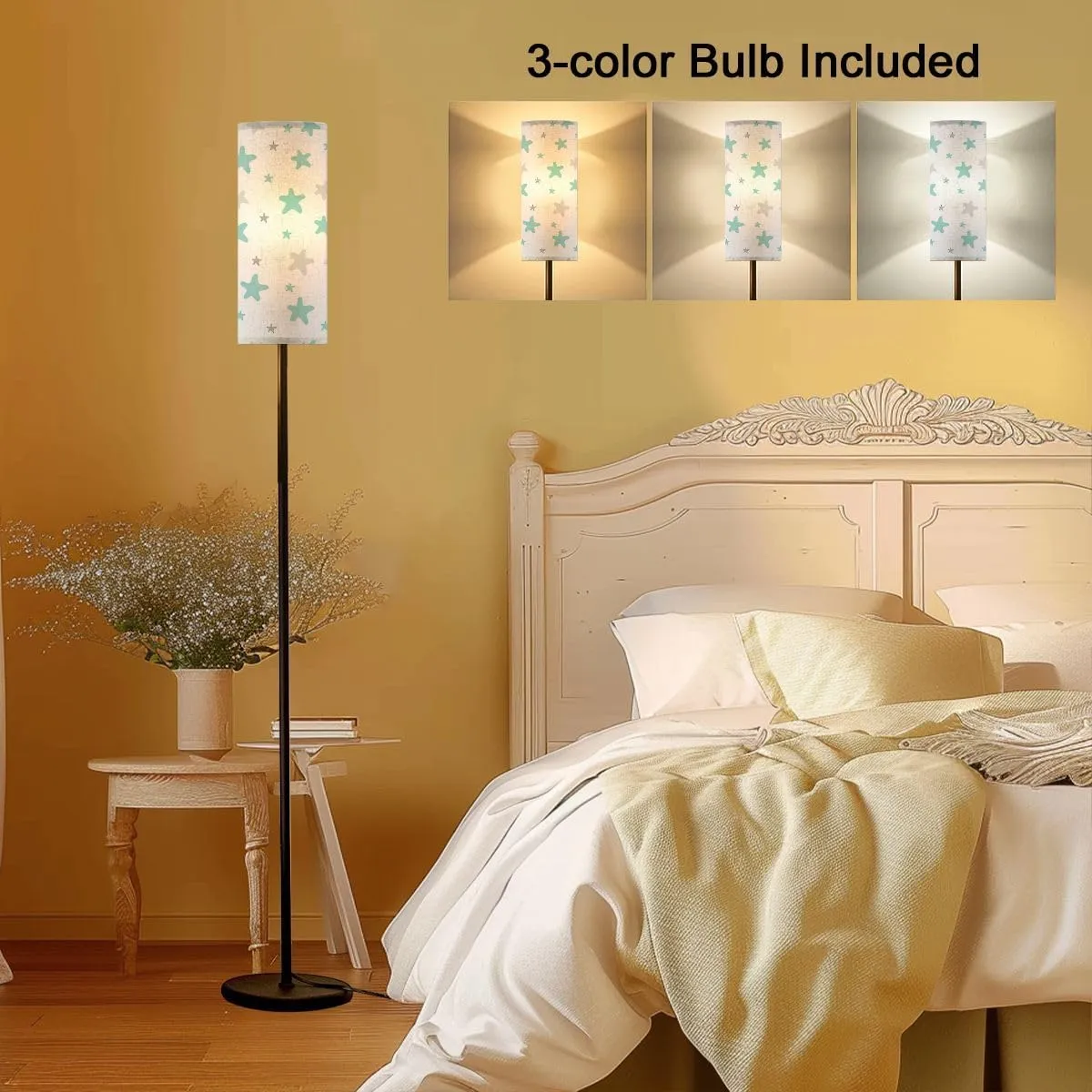 Seamless Pattern Cute Blue Gray Naive Style Modern Floor Lamp Minimalist Standing Lamps for Living Room LED Corner Lamp Remote Control Metal Pole Lamp for Bedroom, Reading