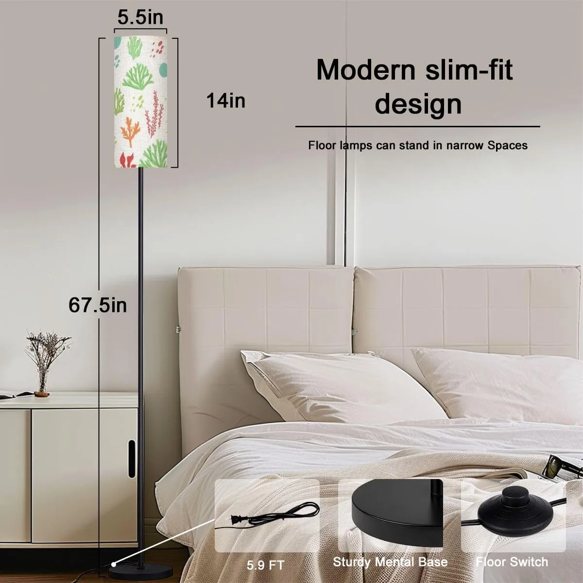 Seamless Pattern Marine Life Seaweed Modern Floor Lamp Minimalist Standing Lamps for Living Room LED Corner Lamp Remote Control Metal Pole Lamp for Bedroom, Reading