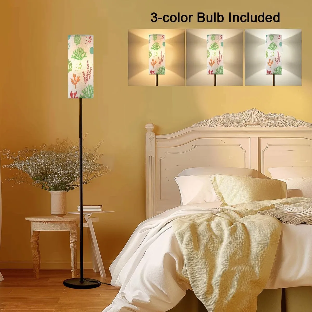 Seamless Pattern Marine Life Seaweed Modern Floor Lamp Minimalist Standing Lamps for Living Room LED Corner Lamp Remote Control Metal Pole Lamp for Bedroom, Reading