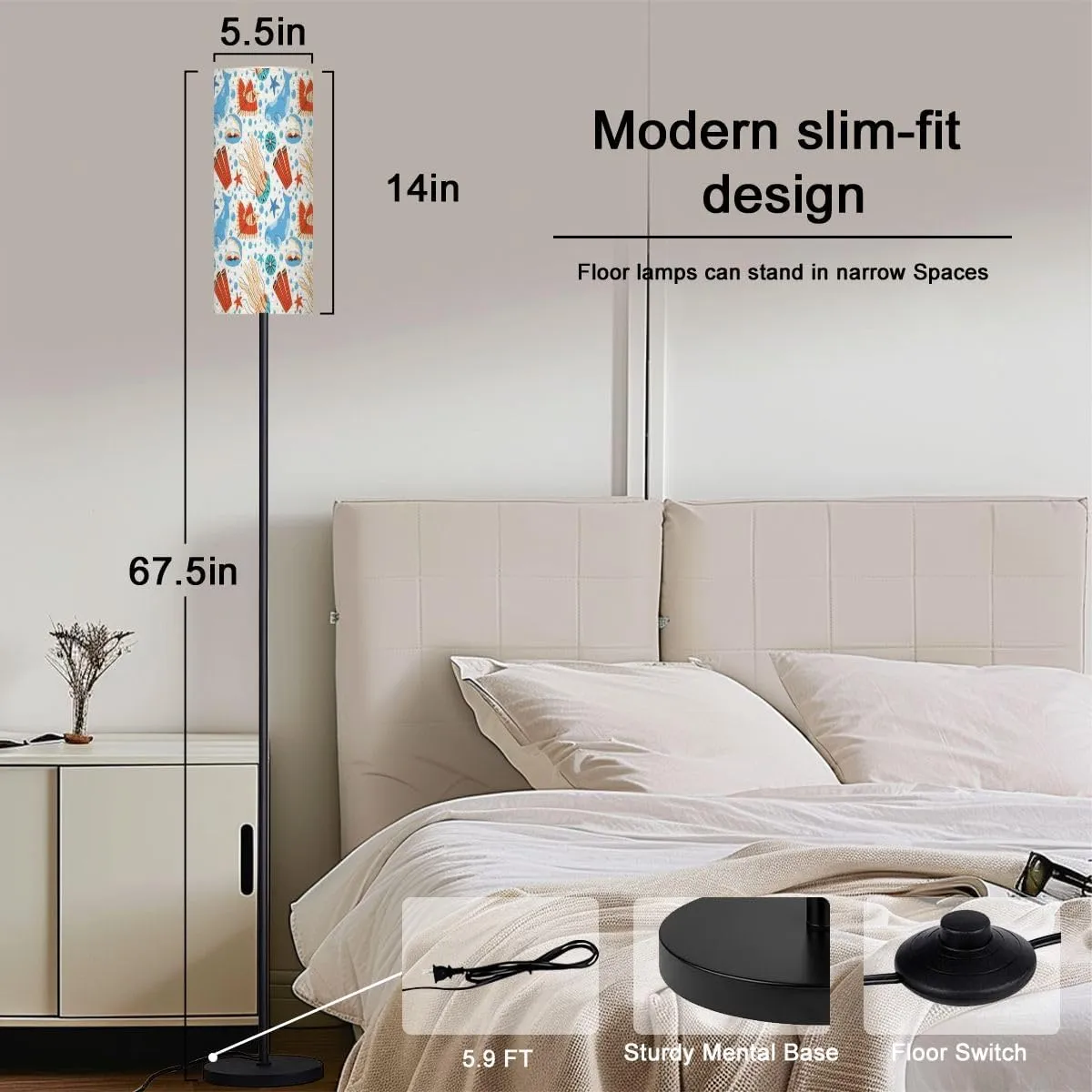 Seamless Pattern sea Animals Modern Floor Lamp Minimalist Standing Lamps for Living Room LED Corner Lamp Remote Control Metal Pole Lamp for Bedroom, Reading