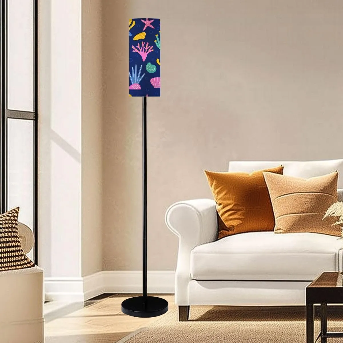 Seamless pattern sea plants shells Children s print textiles baby Modern Floor Lamp Minimalist Standing Lamps for Living Room LED Corner Lamp Remote Control Metal Pole Lamp for Bedroom, Reading