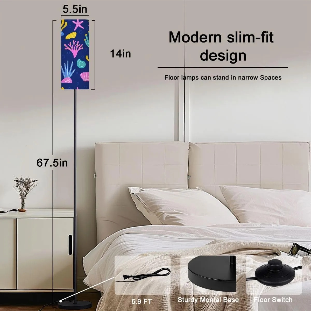 Seamless pattern sea plants shells Children s print textiles baby Modern Floor Lamp Minimalist Standing Lamps for Living Room LED Corner Lamp Remote Control Metal Pole Lamp for Bedroom, Reading