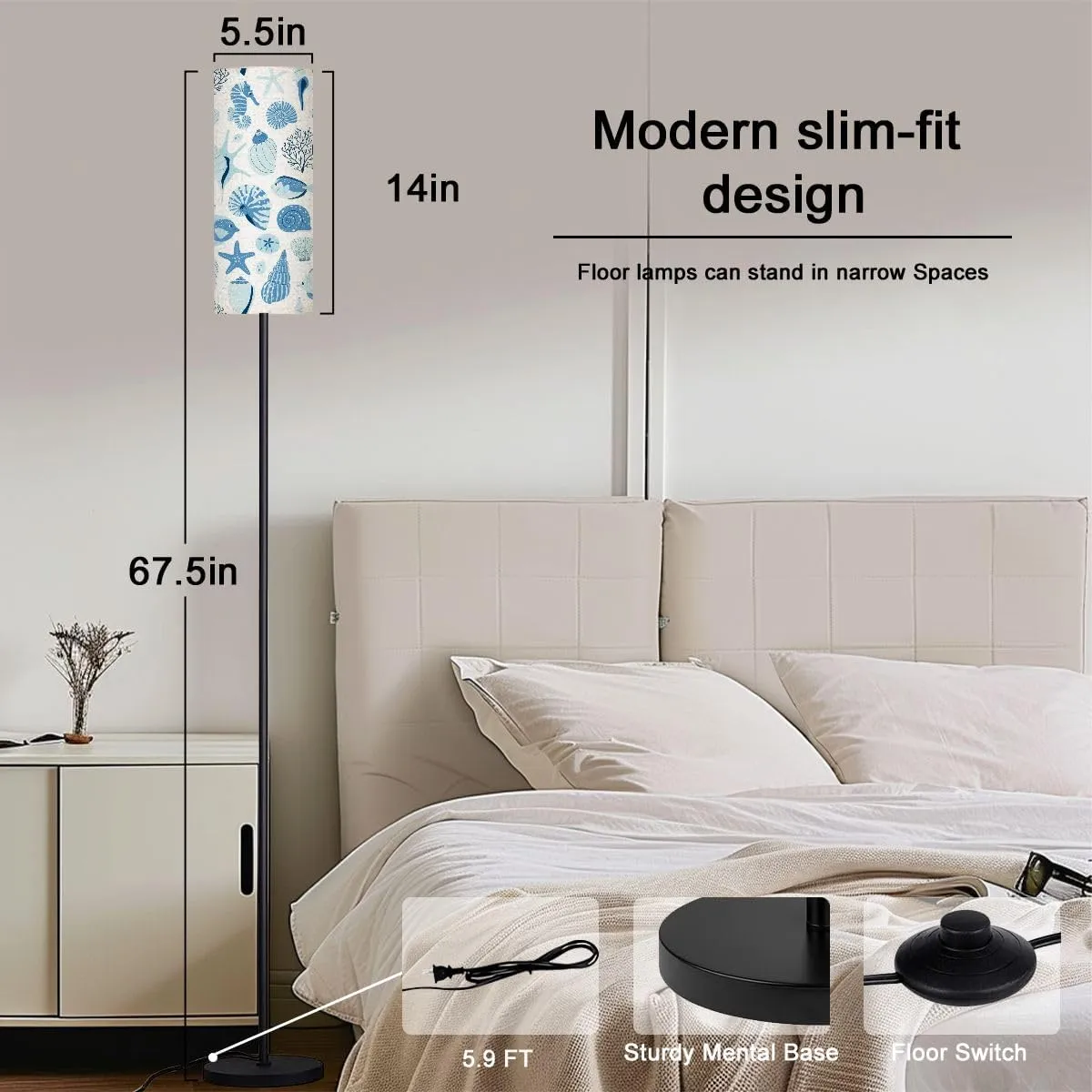 Seamless Pattern sea Shell Fish White Modern Floor Lamp Minimalist Standing Lamps for Living Room LED Corner Lamp Remote Control Metal Pole Lamp for Bedroom, Reading