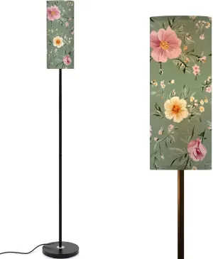 Seamless Vintage Flower Pattern Green Modern Floor Lamp Minimalist Standing Lamps for Living Room LED Corner Lamp Remote Control Metal Pole Lamp for Bedroom, Reading