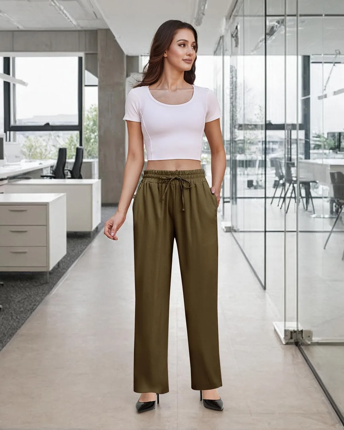 SEMARO Womens Casual Linen High Waist Pants Drawstring Loose Fit Summer Pants Trousers with Side Pockets