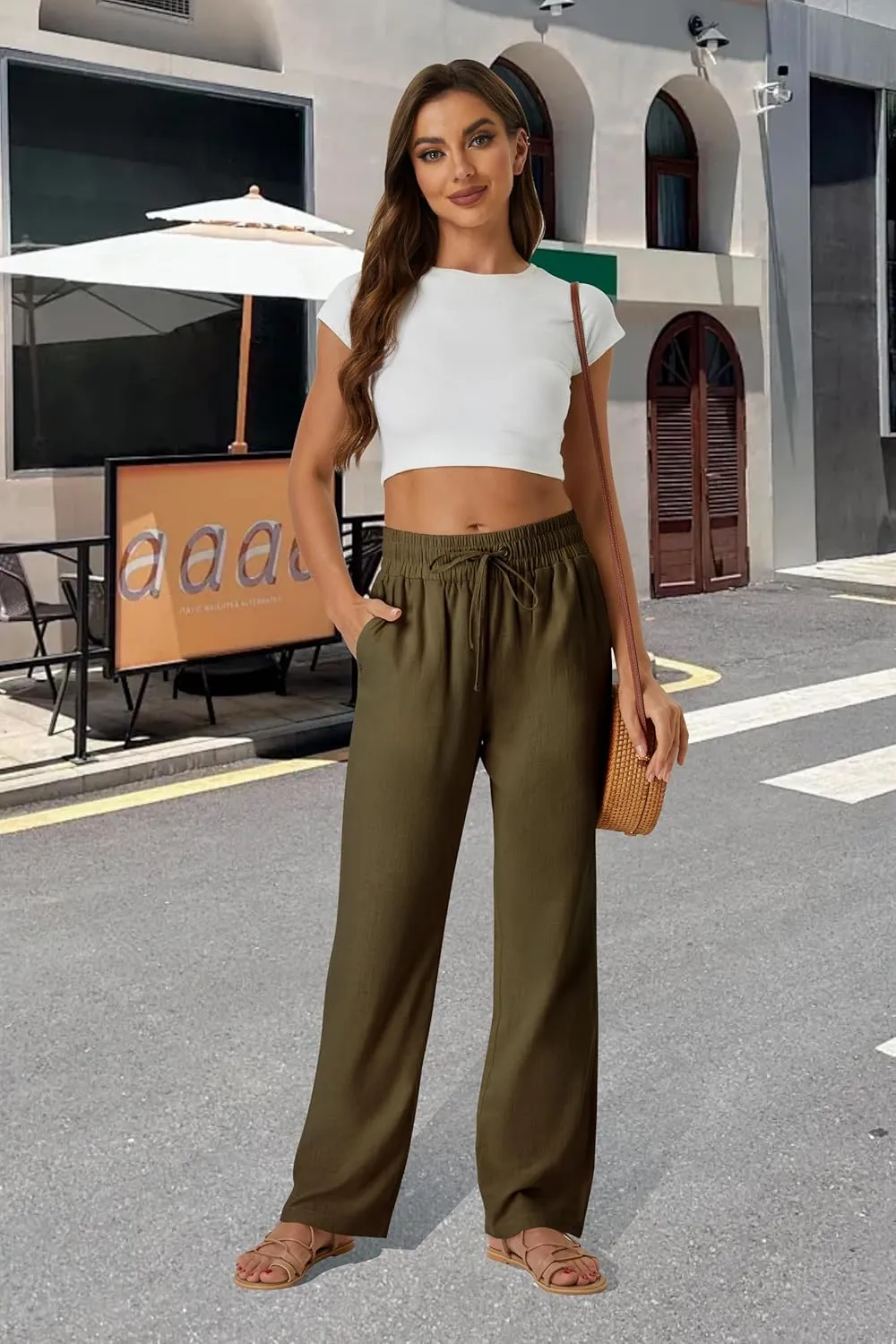 SEMARO Womens Casual Linen High Waist Pants Drawstring Loose Fit Summer Pants Trousers with Side Pockets