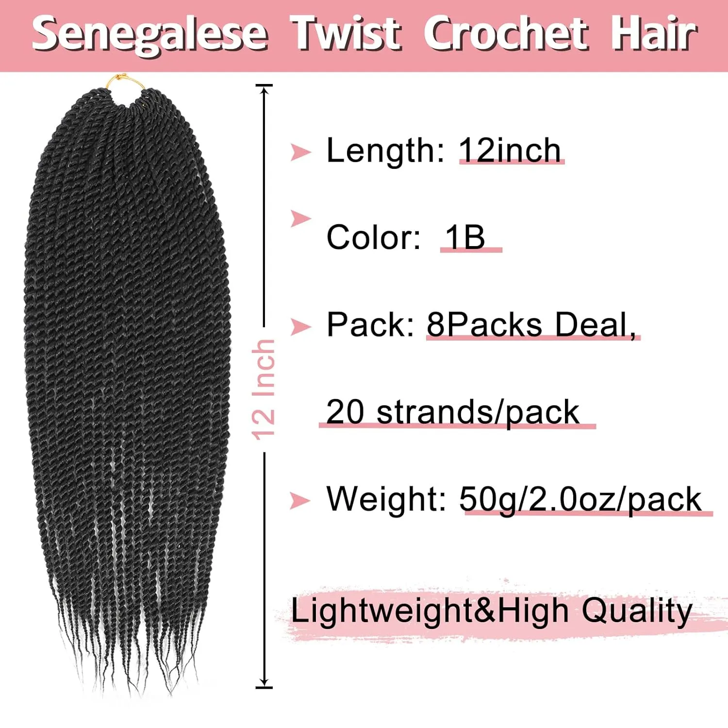 Senegalese Twist Crochet Hair-8 Packs 12 Inch, Black Synthetic Crochet Twist Braids For Women, Pre Looped Pretwisted Crochet Braids, 12in, 1B#