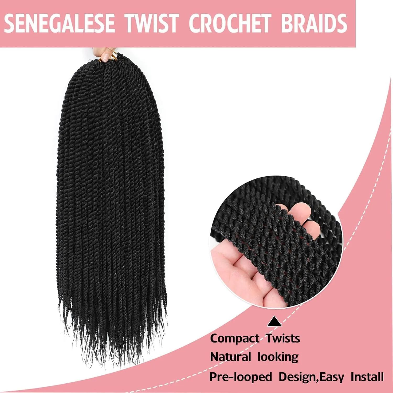Senegalese Twist Crochet Hair-8 Packs 12 Inch, Black Synthetic Crochet Twist Braids For Women, Pre Looped Pretwisted Crochet Braids, 12in, 1B#