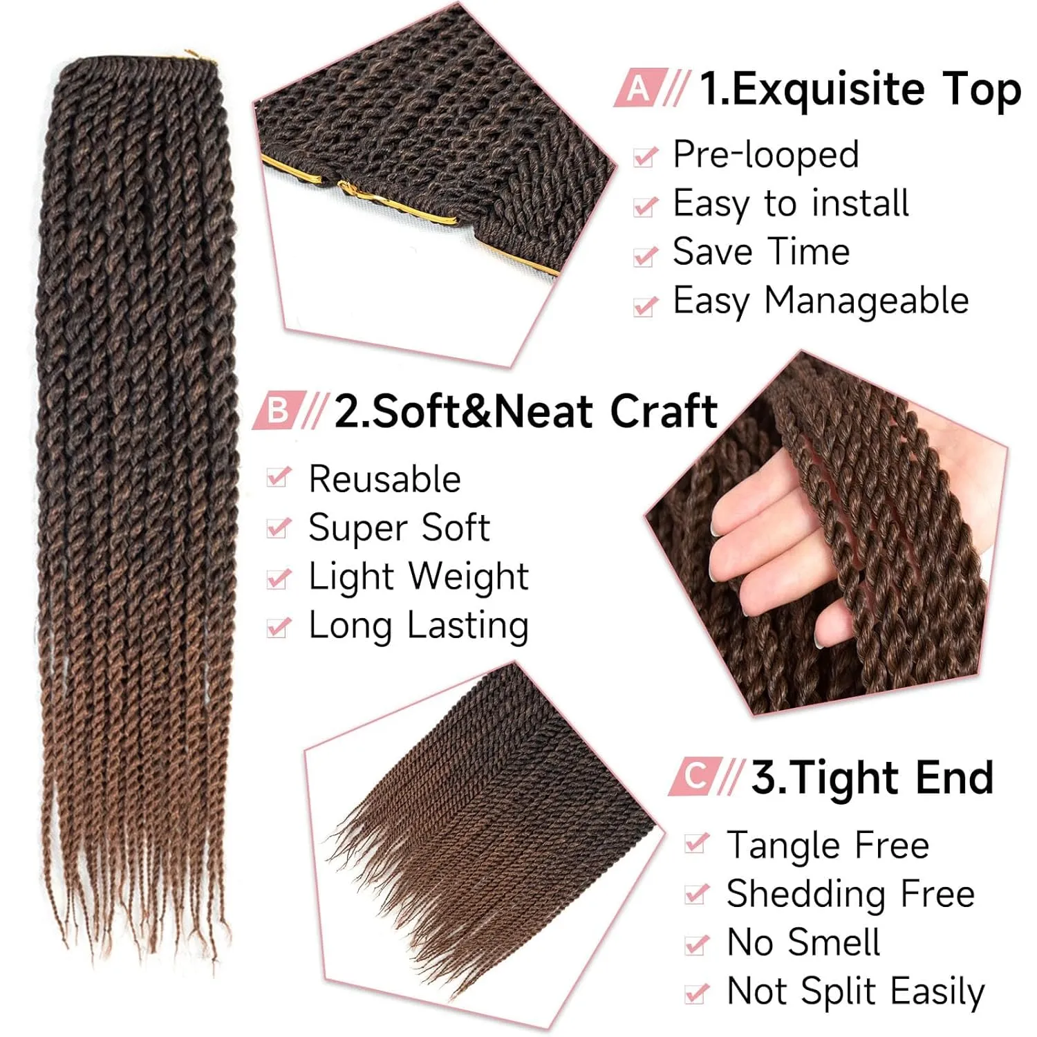 Senegalese Twist Crochet Hair-8 Packs 14 Inch Senegalese Twist Crochet Braids For Black Women,Black/Brown Pre Looped Crochet Braids, Light Weight Synthetic Twist Hair(14in,T1B/30#)