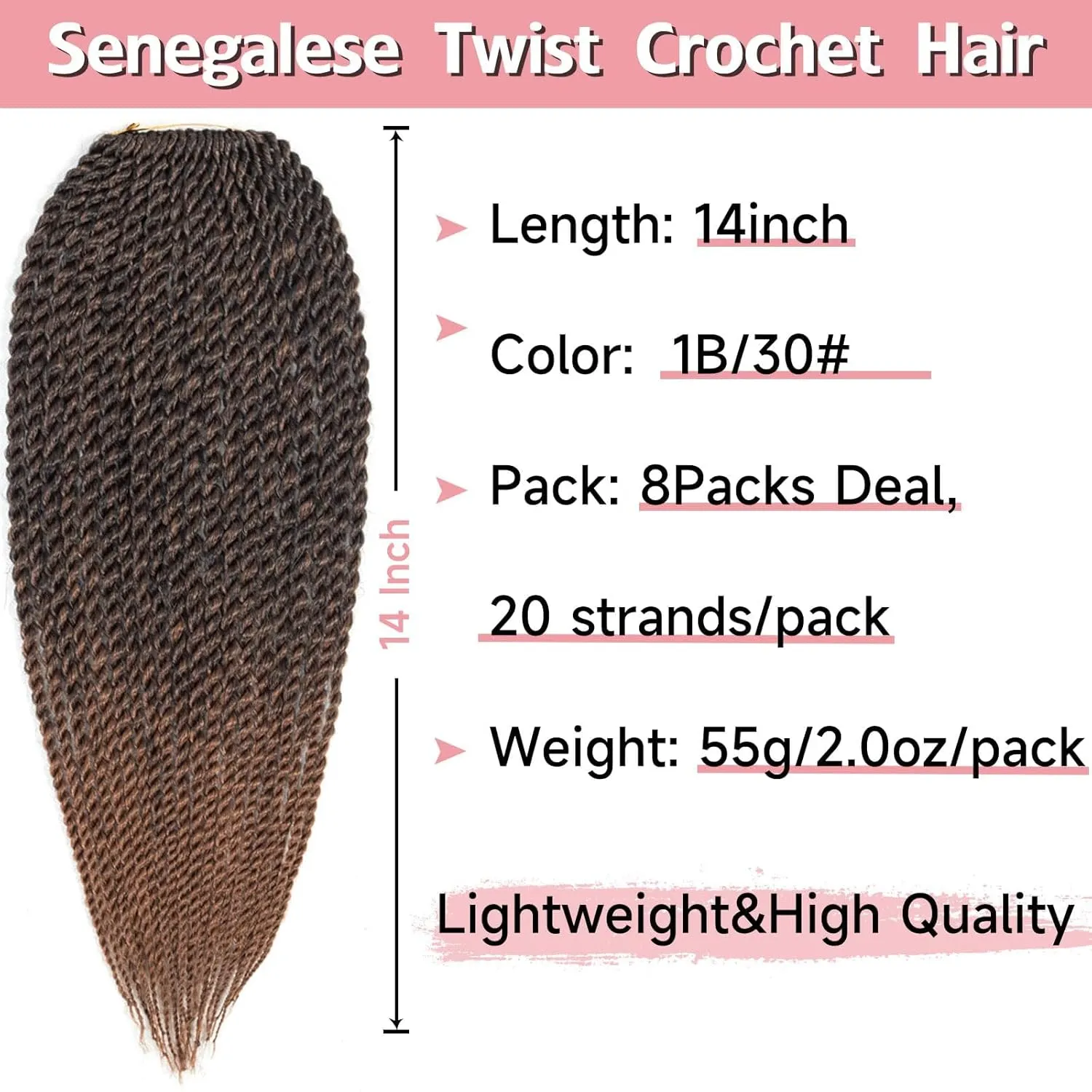 Senegalese Twist Crochet Hair-8 Packs 14 Inch Senegalese Twist Crochet Braids For Black Women,Black/Brown Pre Looped Crochet Braids, Light Weight Synthetic Twist Hair(14in,T1B/30#)