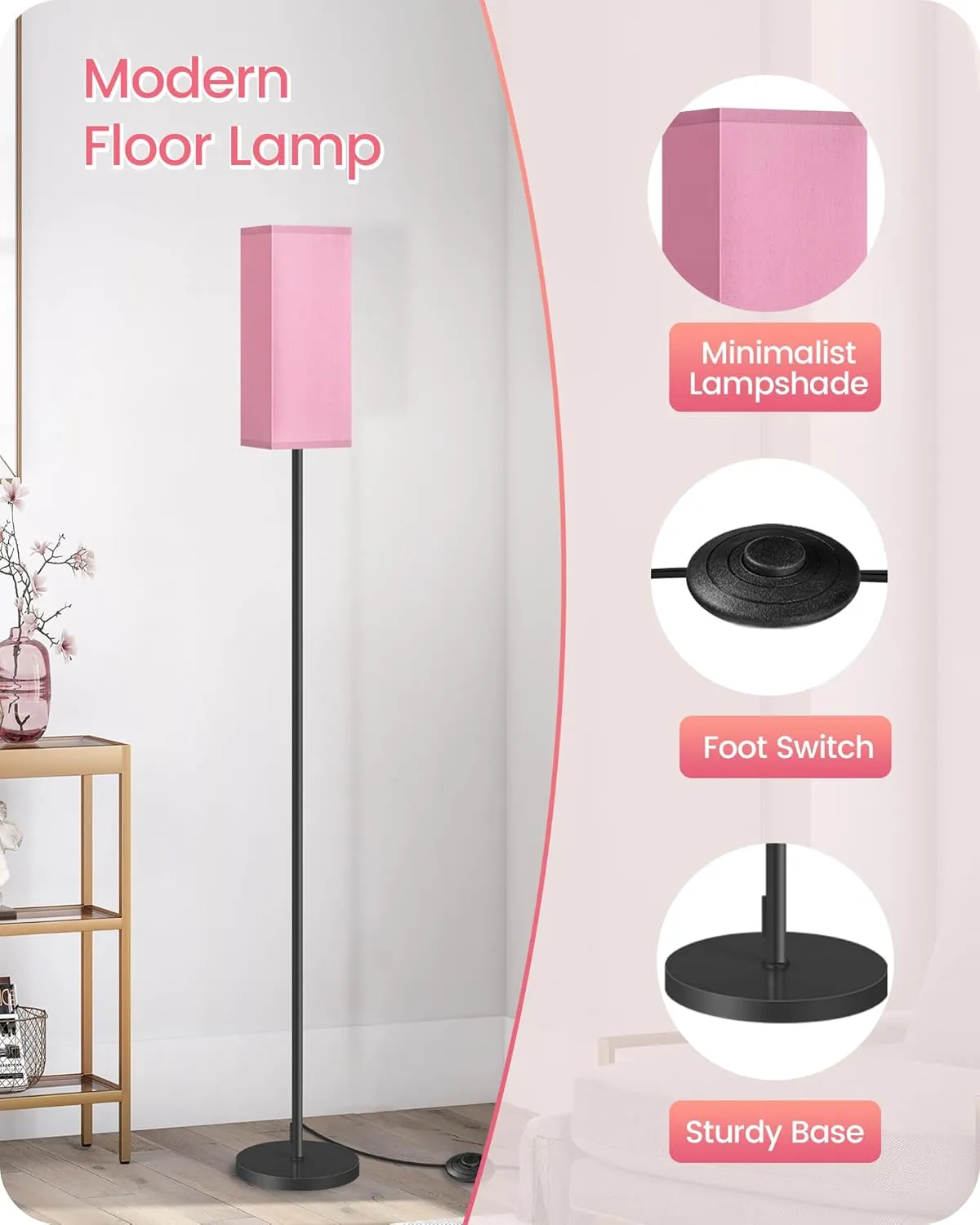 Set of 2 Floor Lamps for Living Room, Modern Tall Standing Lamps with Foot Switches, Bulb Not Included, 64.6'', for Living Room, Bedroom, Study, Kids Room, Pink and Black P07LDP205W1