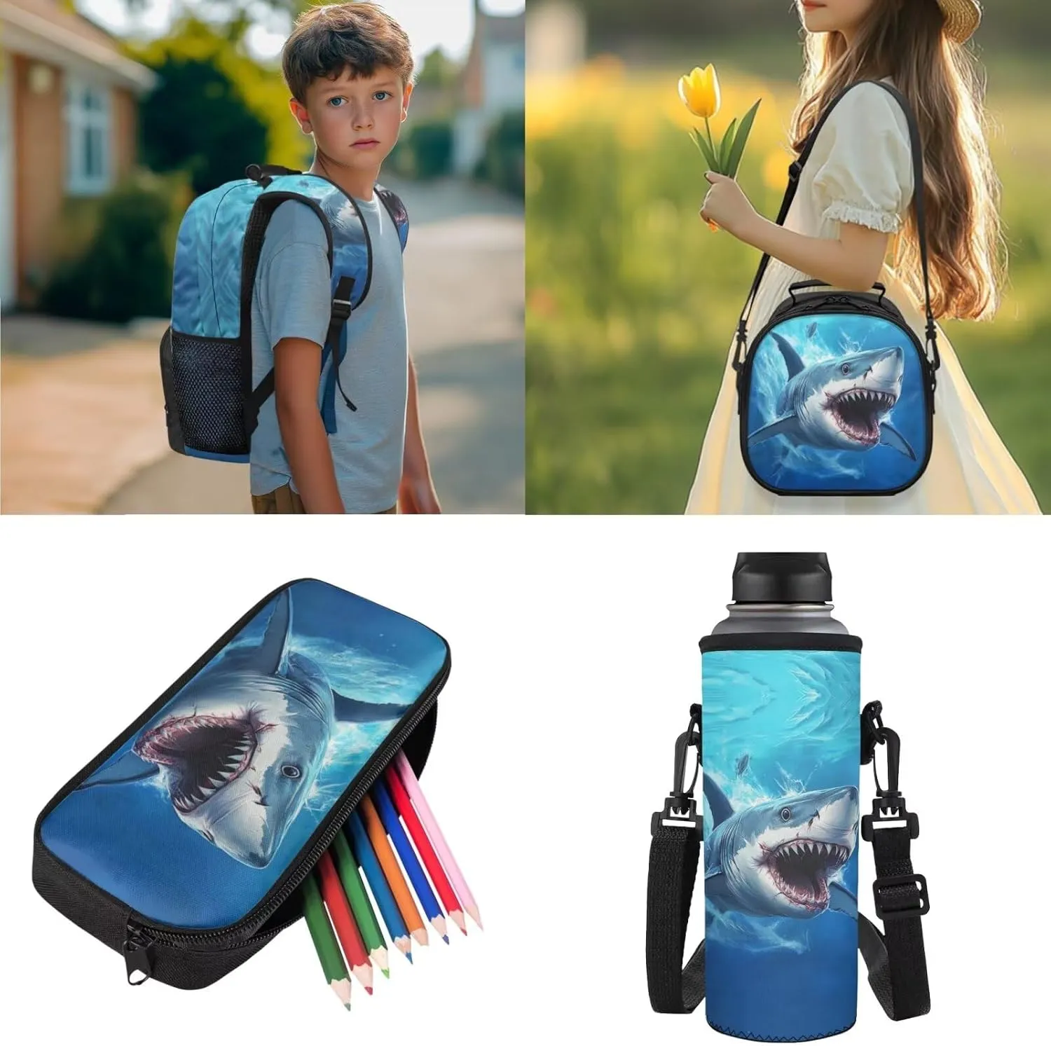 Shark Backpack for Girls School Bags with Lunch Bag Pencil Case and Water Bottle Holder Children Bookbag Purse Large Capacity School Supplies 4 in 1