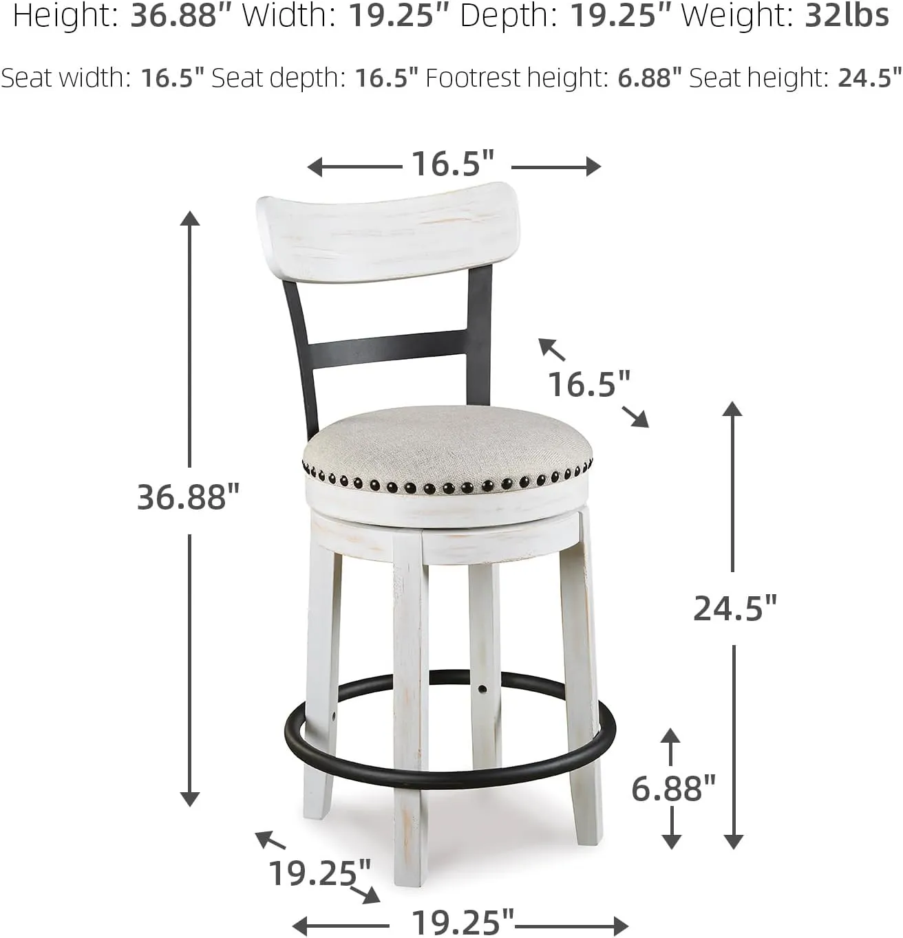 Signature Design by Ashley Valebeck 24.5" Modern Swivel Counter Height Barstool, Whitewash