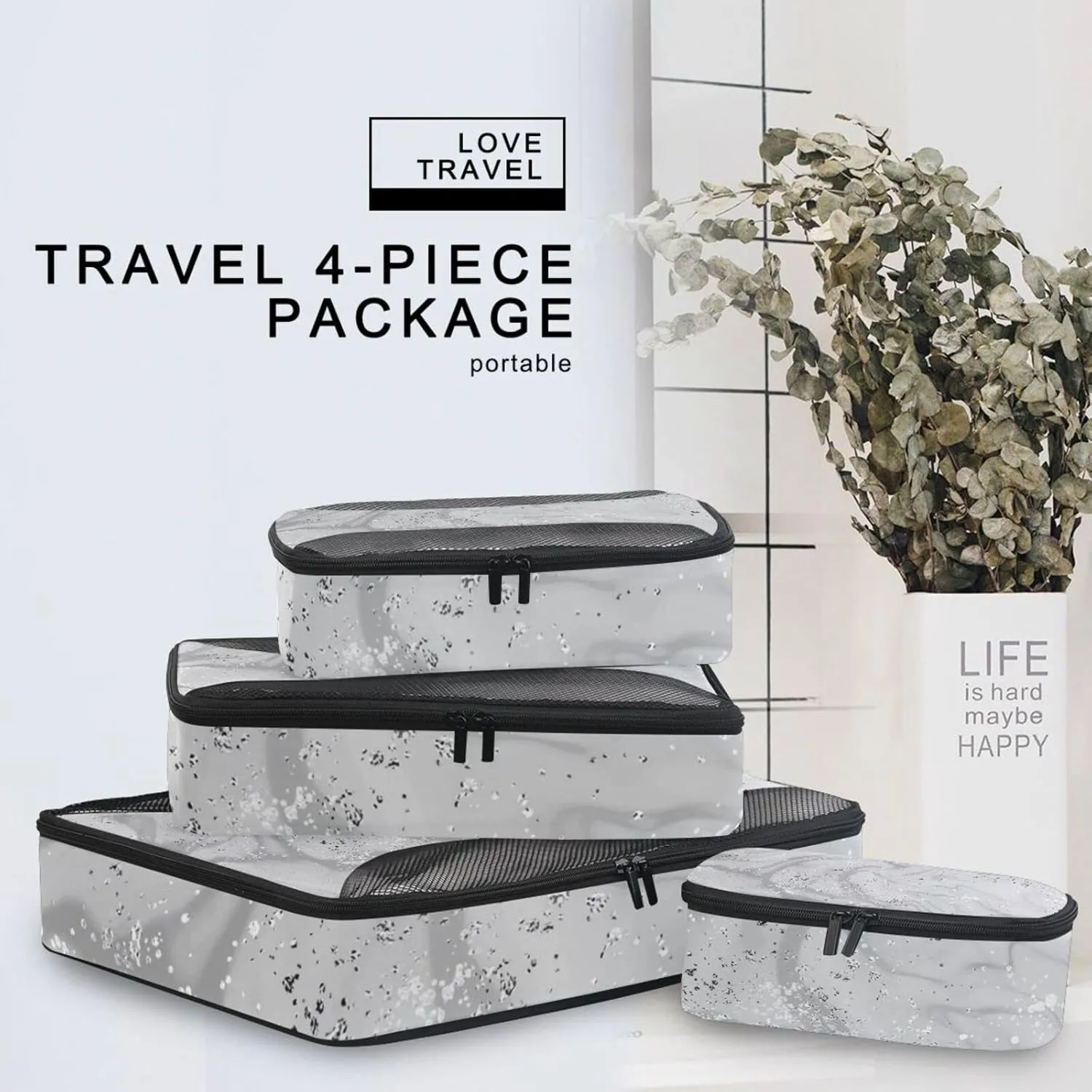 Silver Liquid Marble Artistic Painting with Silver Dust Texture 4 PCs Set Packing Bags, Luggage Organizer Bag, Portable Cube Toiletry bag, Durable Travel Cosmetic Storage Bag for Men Women
