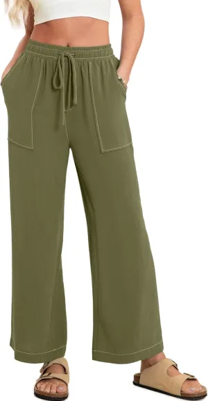 Simplee Women's Wide Leg Palazzo Pants High Waisted Boho Casual Drawstring Linen Pants Trousers with Pockets