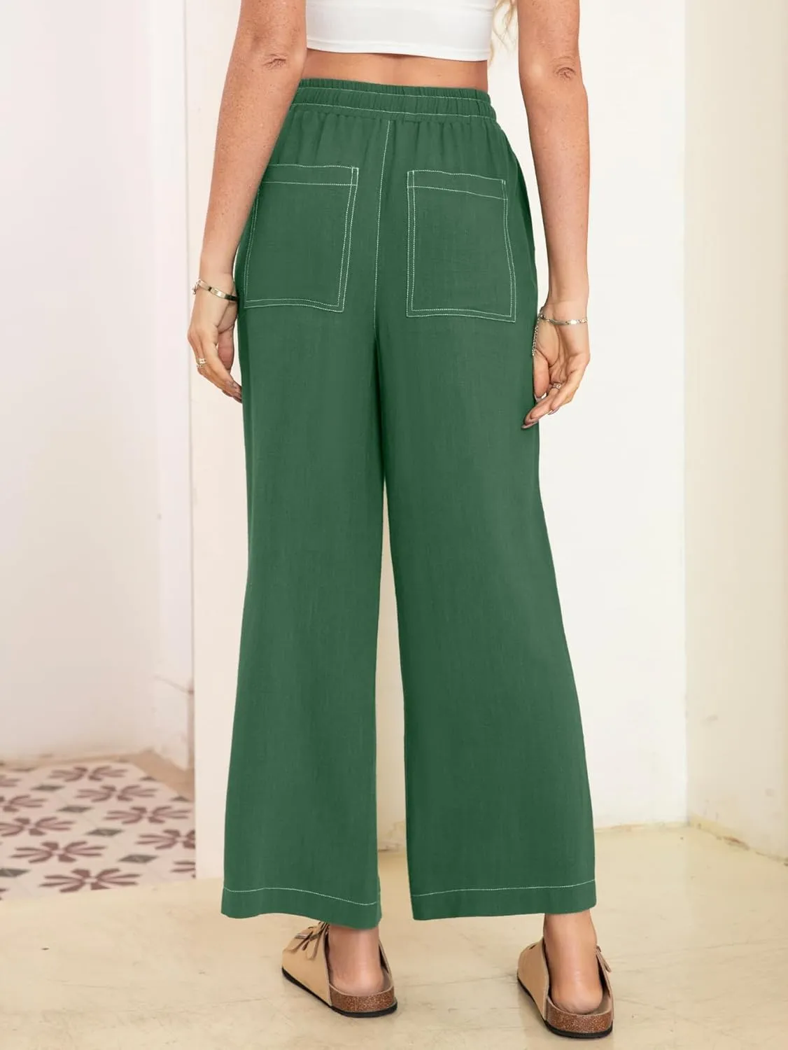 Simplee Women's Wide Leg Palazzo Pants High Waisted Boho Casual Drawstring Linen Pants Trousers with Pockets