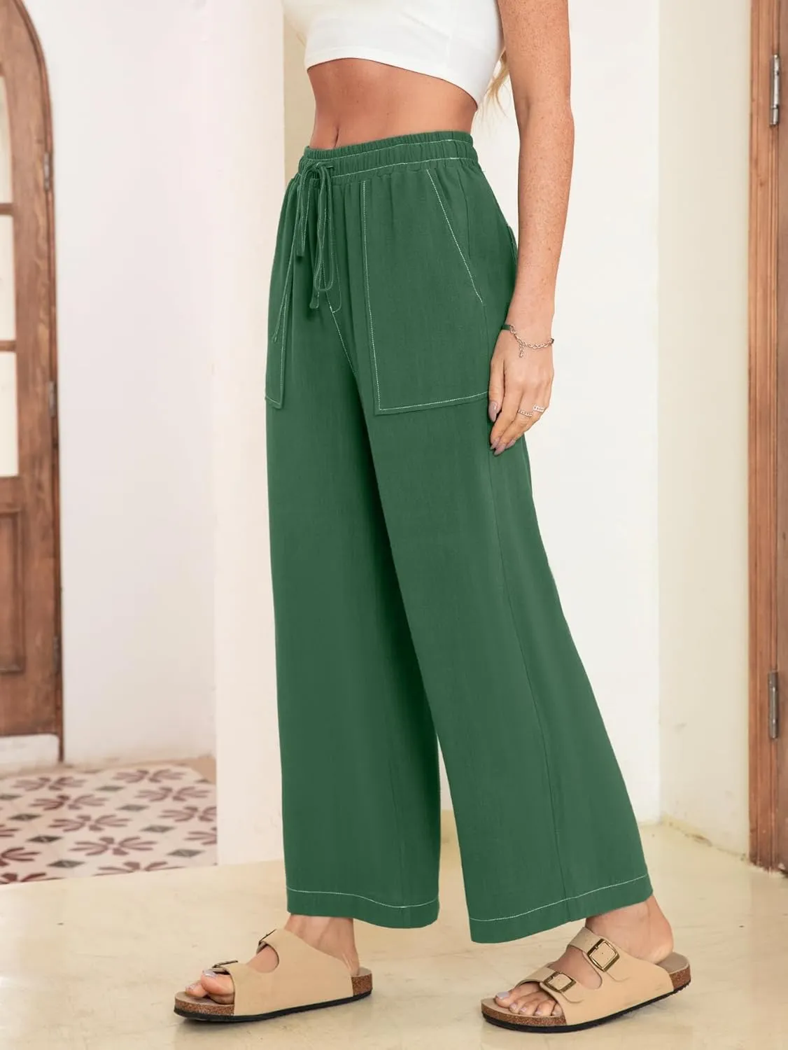 Simplee Women's Wide Leg Palazzo Pants High Waisted Boho Casual Drawstring Linen Pants Trousers with Pockets