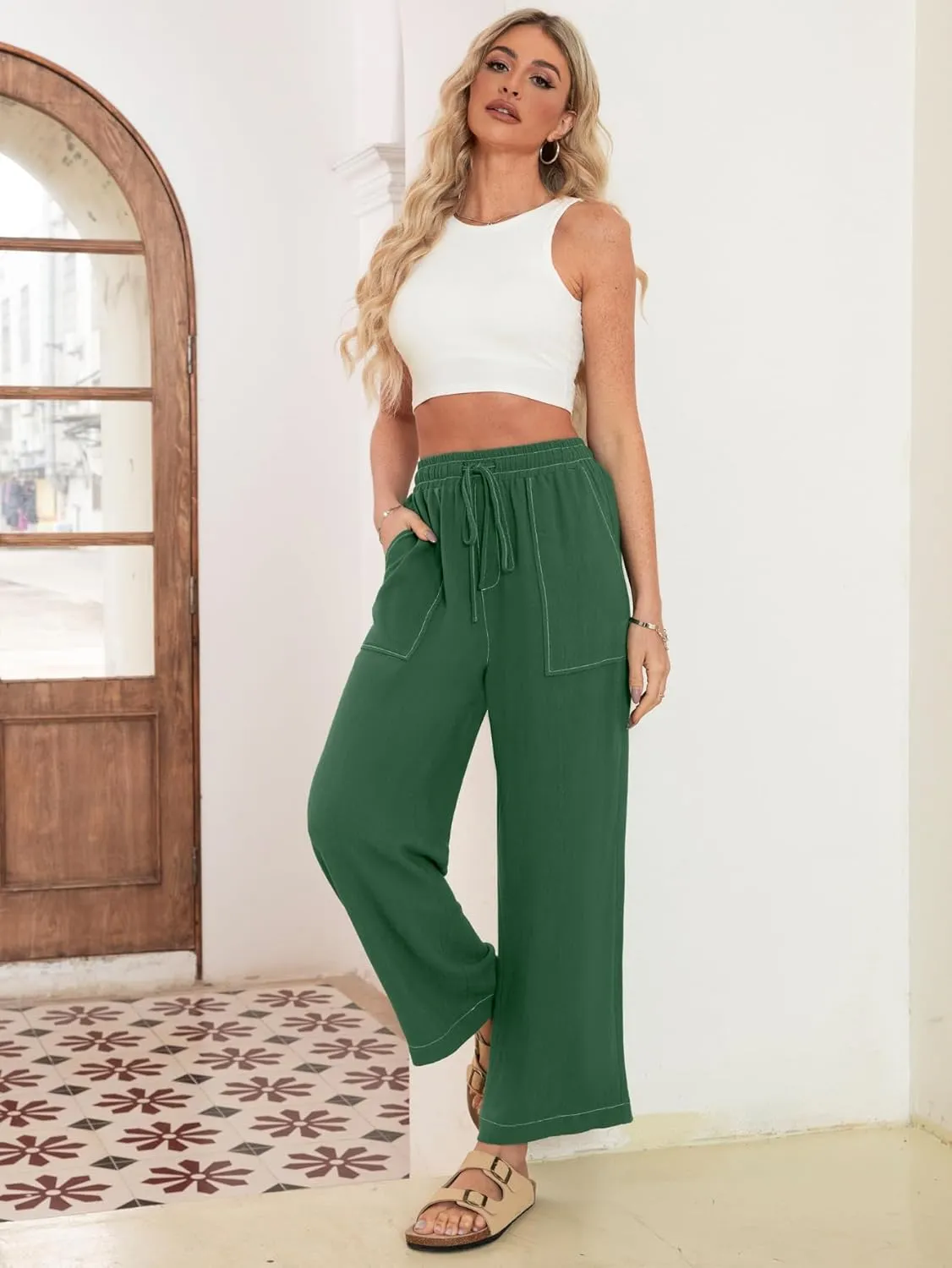 Simplee Women's Wide Leg Palazzo Pants High Waisted Boho Casual Drawstring Linen Pants Trousers with Pockets