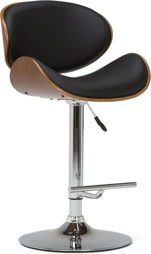 SIMPLIHOME Marana Adjustable Swivel Bar Stool - 33 inch Seat Height Upholstered Metal Bar Chair in Black Vegan Faux Leather, Mid Century Seating for Kitchen or Bar with Curved Bentwood Back