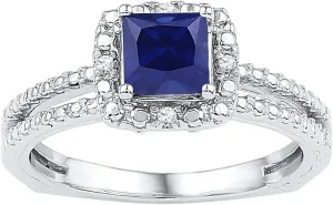 Size - 8 - Solid 925 Sterling Silver Princess Cut Round Blue Simulated Sapphire and White Diamond Engagement Ring OR Fashion Band Prong Set Solitaire Shaped Halo Ring (.03 cttw)