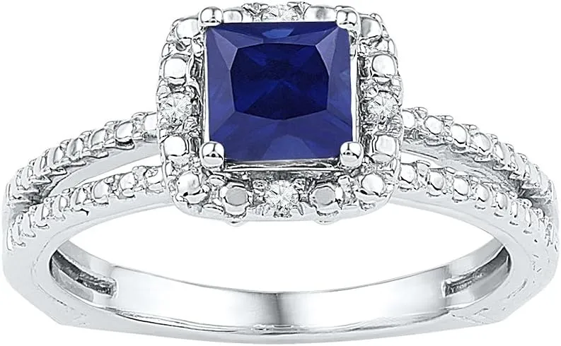 Size - 8 - Solid 925 Sterling Silver Princess Cut Round Blue Simulated Sapphire and White Diamond Engagement Ring OR Fashion Band Prong Set Solitaire Shaped Halo Ring (.03 cttw)