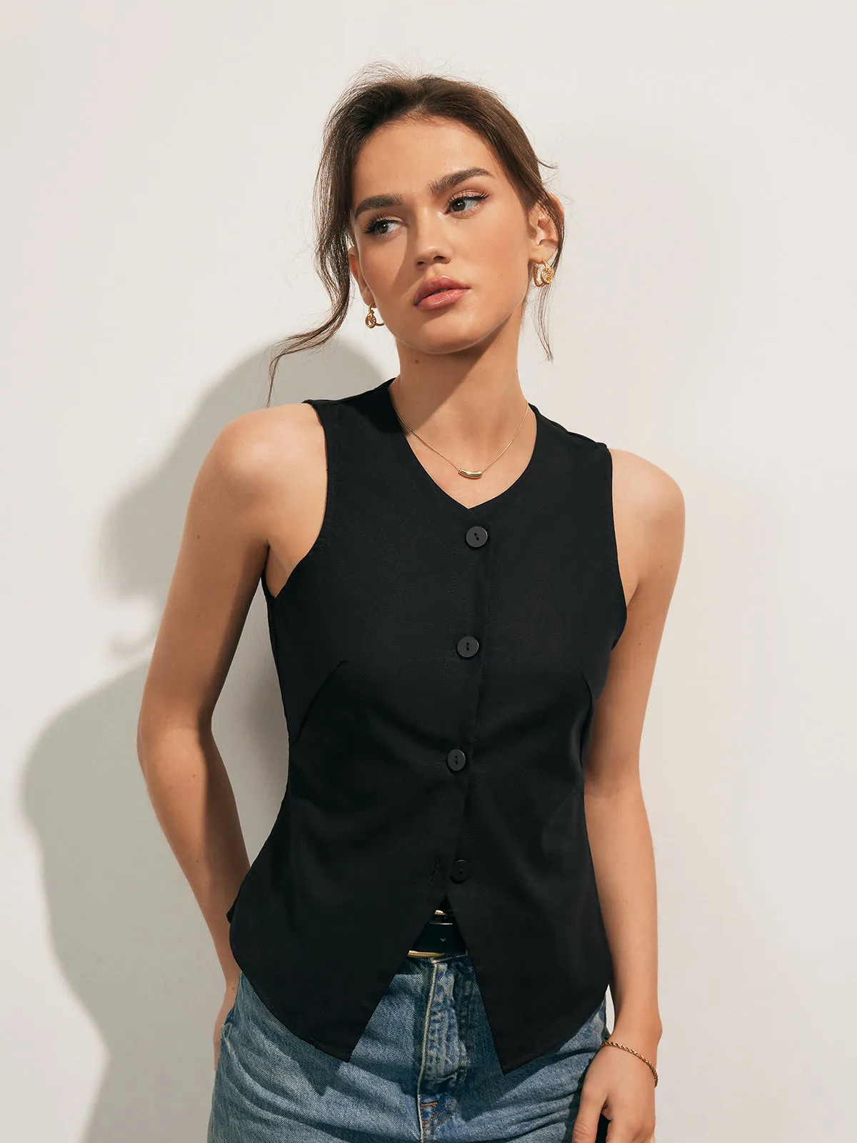 Sleek Button-Down Vest Top | Multicolor | Minimalist Chic | Linen Blend