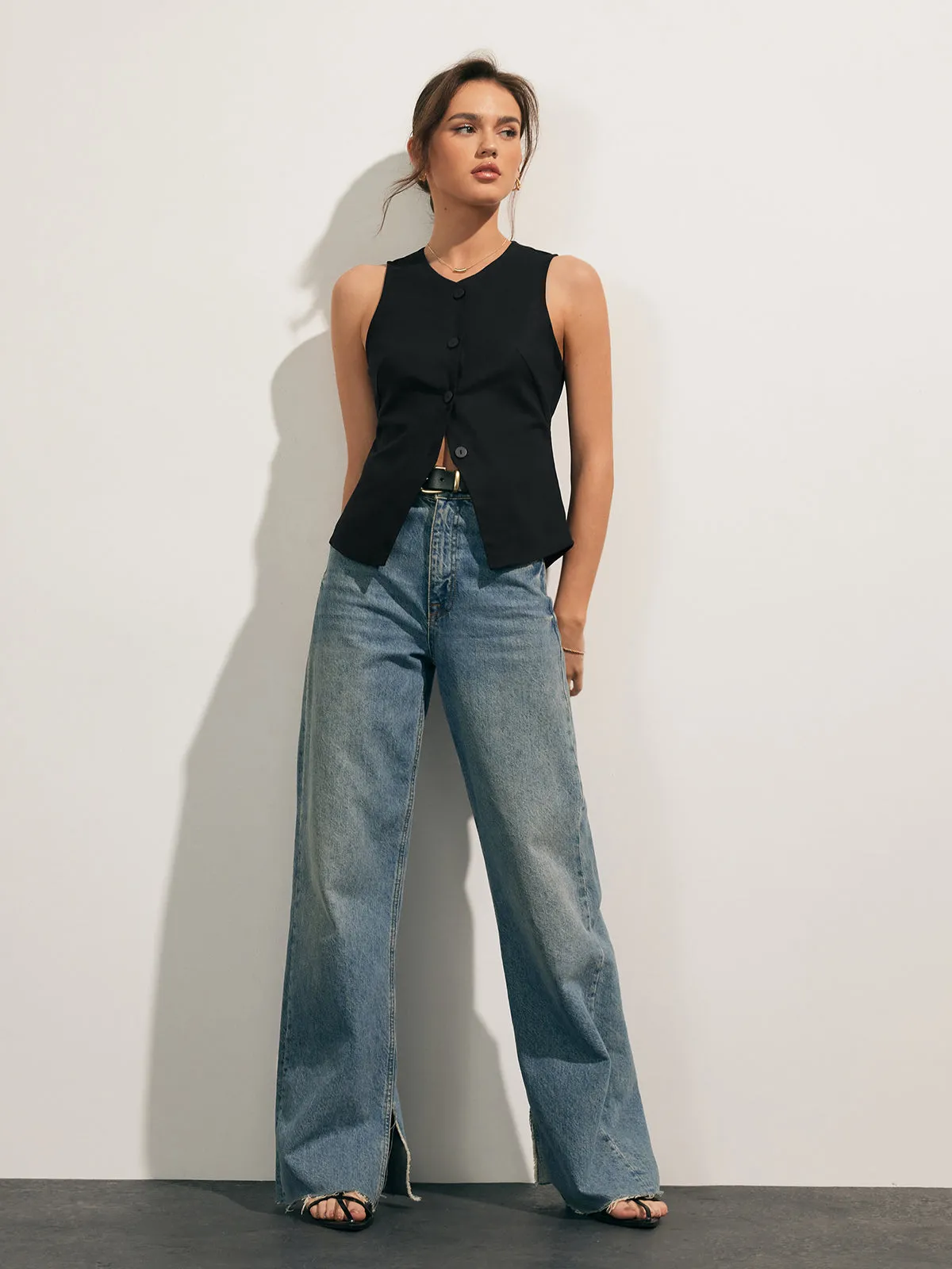 Sleek Button-Down Vest Top | Multicolor | Minimalist Chic | Linen Blend