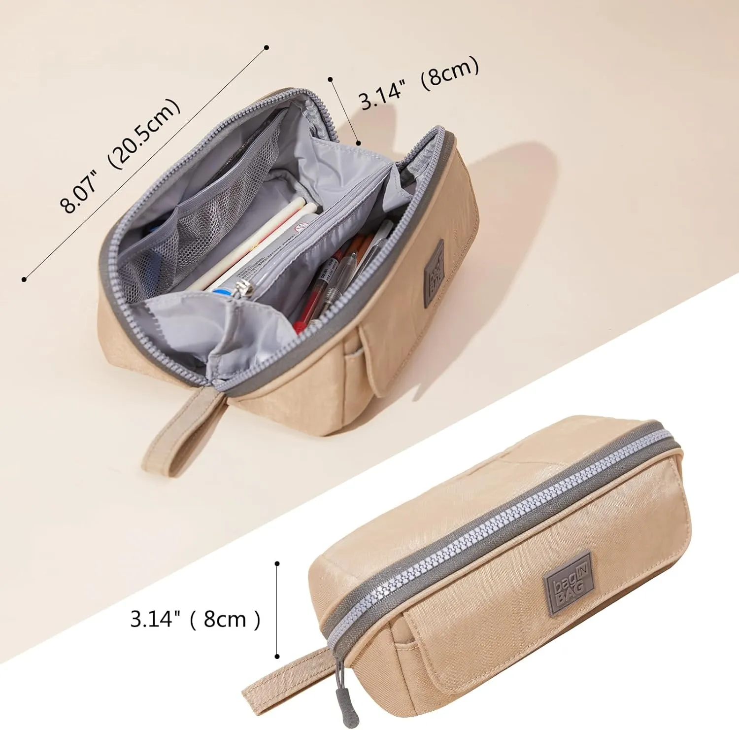 Small Pencil Case Organizer with Zipper, Beige Cute Pencil Pouch Aesthetic, Light Pencil Bag for men & women