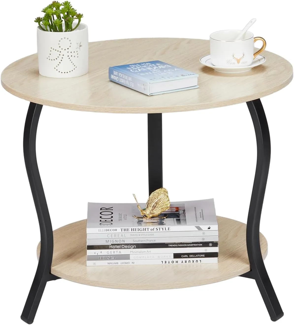 Small Round Coffee Table with Open Storage,23" 2-Tier Coffee Side Tables for Small Space, Accent Center Table Circle Sofa End Table with Wooden Table Top for Living Room Bedroom Apartment,Oak
