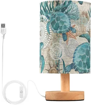 Small Table Lamp for Bedroom - Bedside Lamps for Nightstand, Sea Ocean Turtle Teal Round Fabric Shade, Desk Reading Lamp for Kids Room Living Room Office Dorm