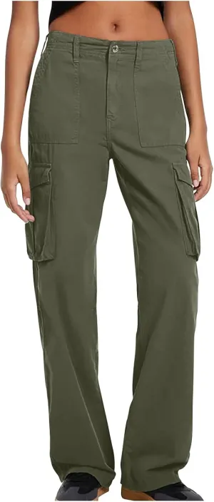 SMIDOW Casual Wide Leg Cargo Pants for Women High Waist Straight Leg Trousers with Pockets Streetwear Stretchy Pants