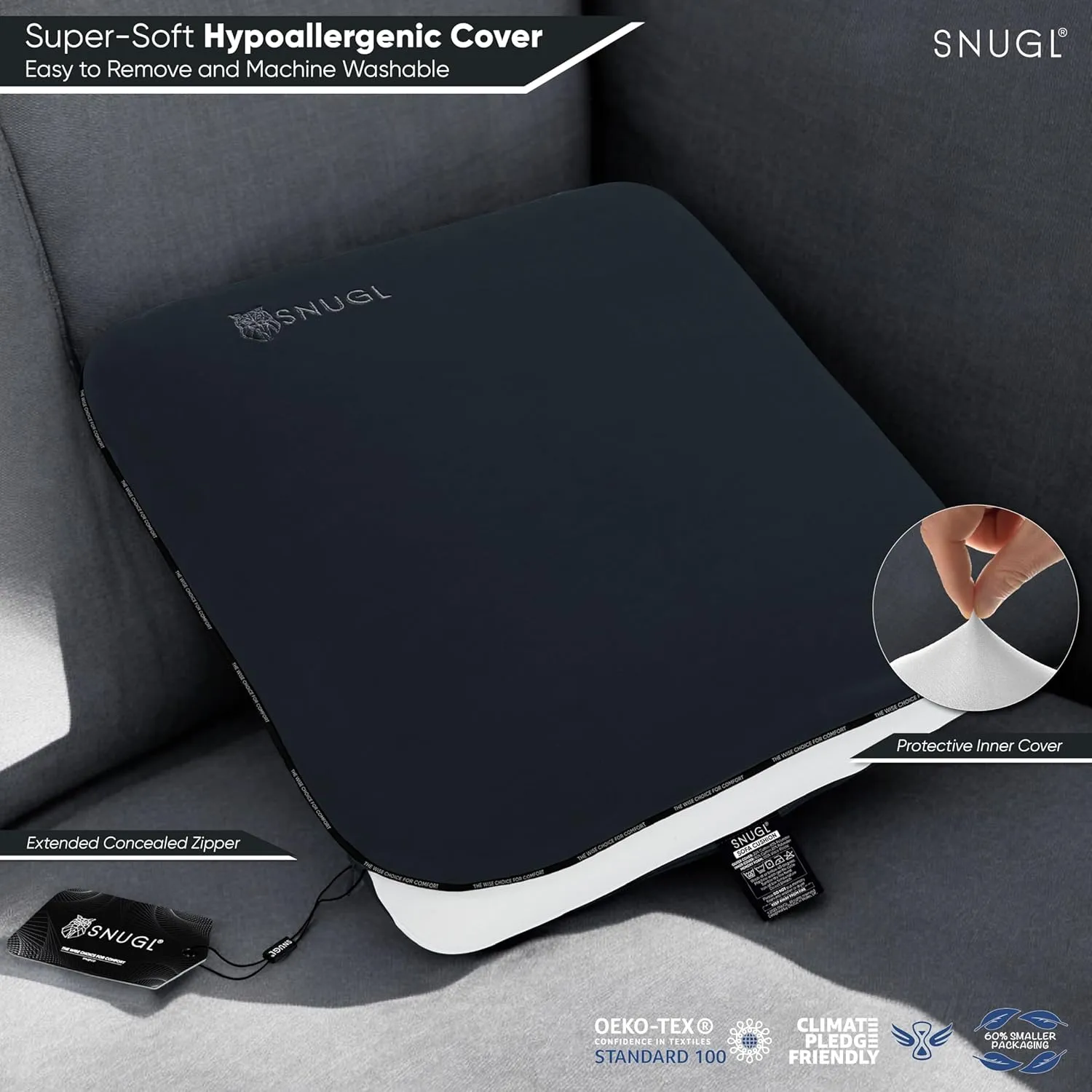 SNUGL Memory Foam Sofa Cushion with Shape Retention – Hypoallergenic Velvet, Supportive Visco-Elastic Foam, Removable & Washable Cover, Perfect for Home Decor and Sofa Furniture (Dark Grey)