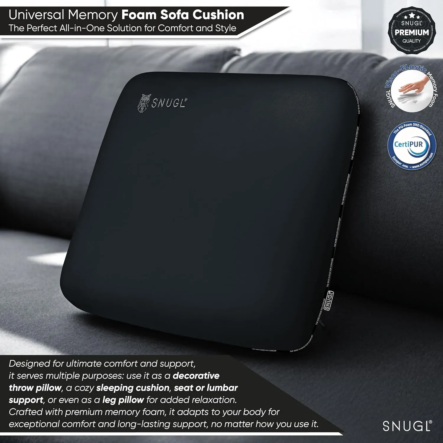 SNUGL Memory Foam Sofa Cushion with Shape Retention – Hypoallergenic Velvet, Supportive Visco-Elastic Foam, Removable & Washable Cover, Perfect for Home Decor and Sofa Furniture (Dark Grey)