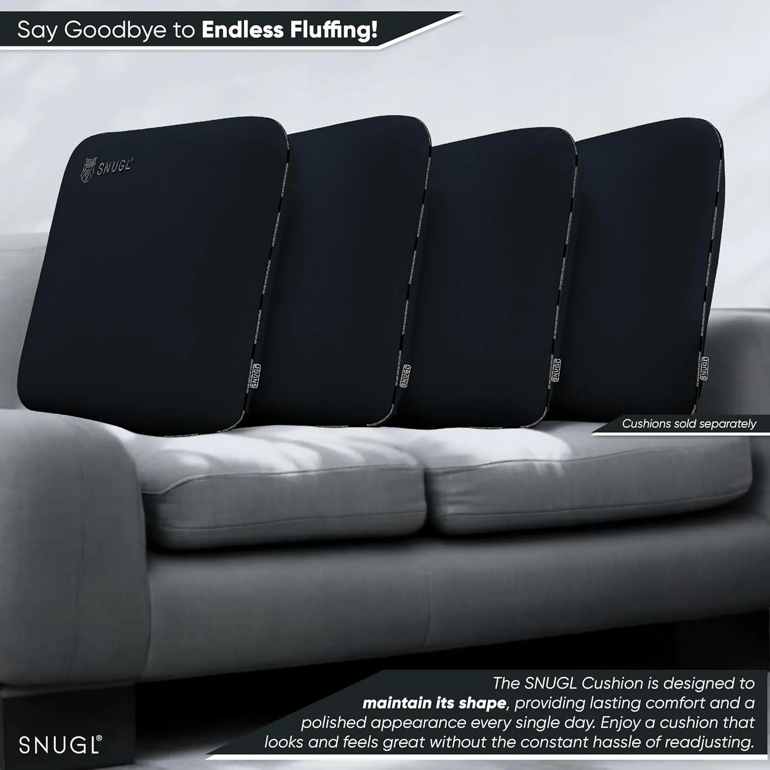 SNUGL Memory Foam Sofa Cushion with Shape Retention – Hypoallergenic Velvet, Supportive Visco-Elastic Foam, Removable & Washable Cover, Perfect for Home Decor and Sofa Furniture (Dark Grey)