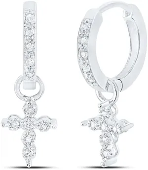 Solid 10K White Gold Real Natural Diamond Cross Hoop Dangle Earrings for Women 1/8 Carat (.12 Cttw)