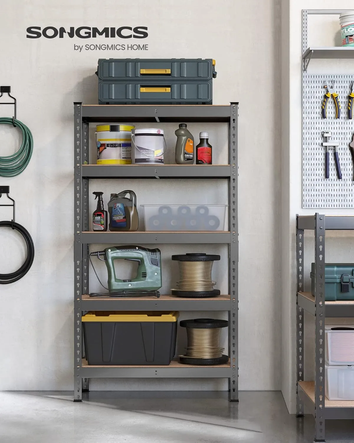 SONGMICS 5-Tier Storage Shelves, Load 2310 lb, Garage Storage, Boltless Assembly, Adjustable Shelving Unit, 11.8 x 29.5 x 59.1 Inches, for Study Shed Basement, Gray and Natural Beige UGLR300G01