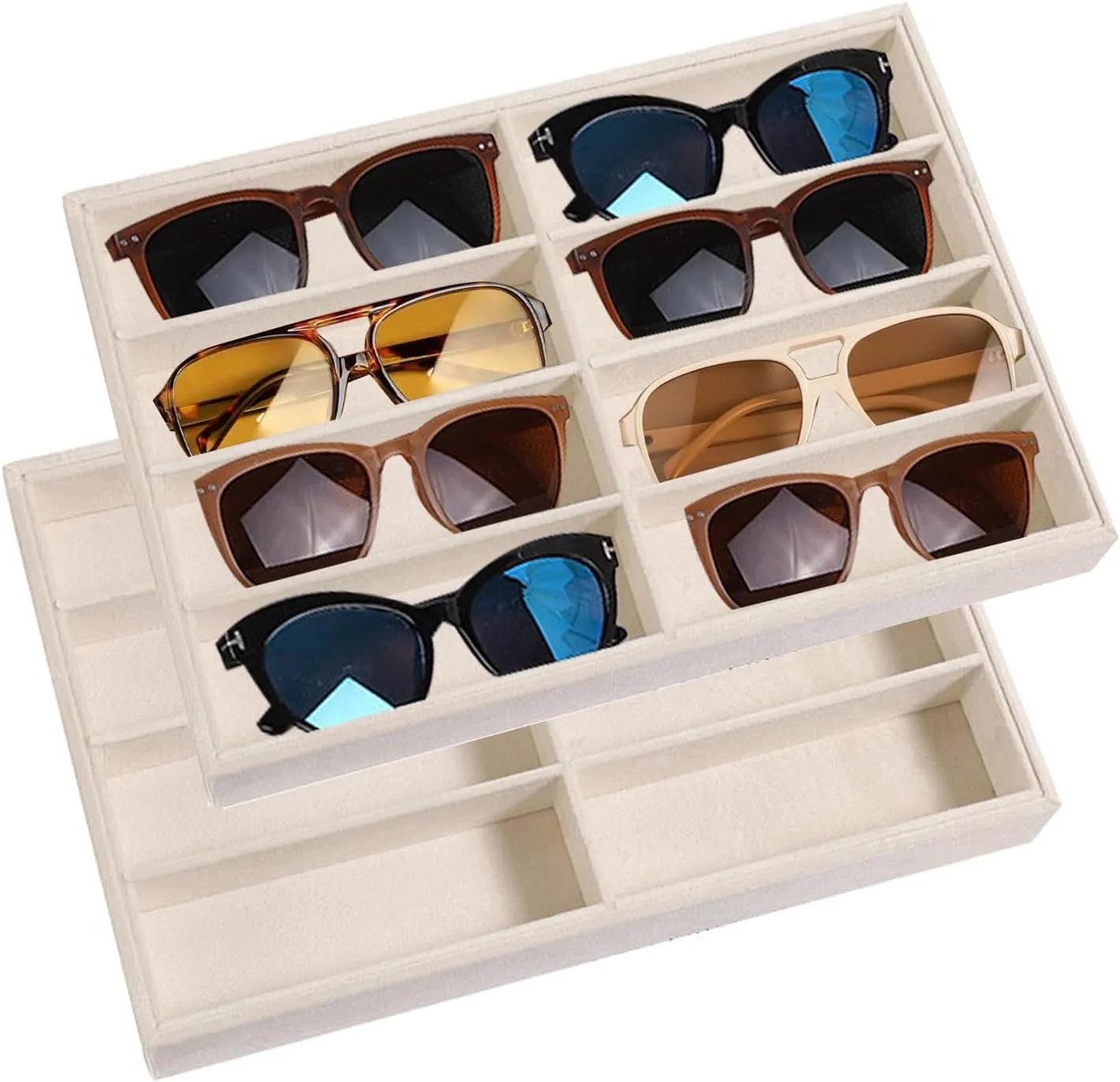 SPAKOWN Sunglass Organizer Tray 2 Pcs, Stackable Sunglass Display Trays for Drawers Velvet Glasses Storage Organizer 8 Grids