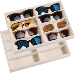 SPAKOWN Sunglass Organizer Tray 2 Pcs, Stackable Sunglass Display Trays for Drawers Velvet Glasses Storage Organizer 8 Grids