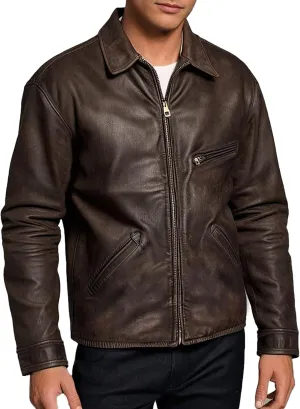 SpazeUp Men's Lambskin Leather Jacket - Distressed Brown Leather Motorcycle Jacket Men