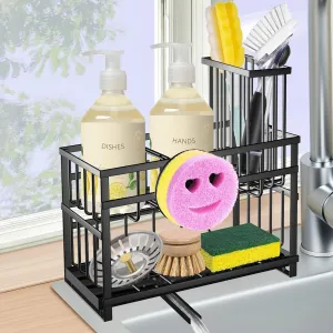 Sponge Holder for Kitchen Sink & Sink Caddy - 2-Tier Stainless Steel Organizer with Automatic Drainage, Rustproof Storage for Dish Brush, Soap Dispenser & Countertop Essentials
