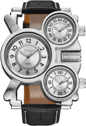 Sport Military Quartz Multi-Time Zones White Dial Mens Black Leather Band Wrist Watch