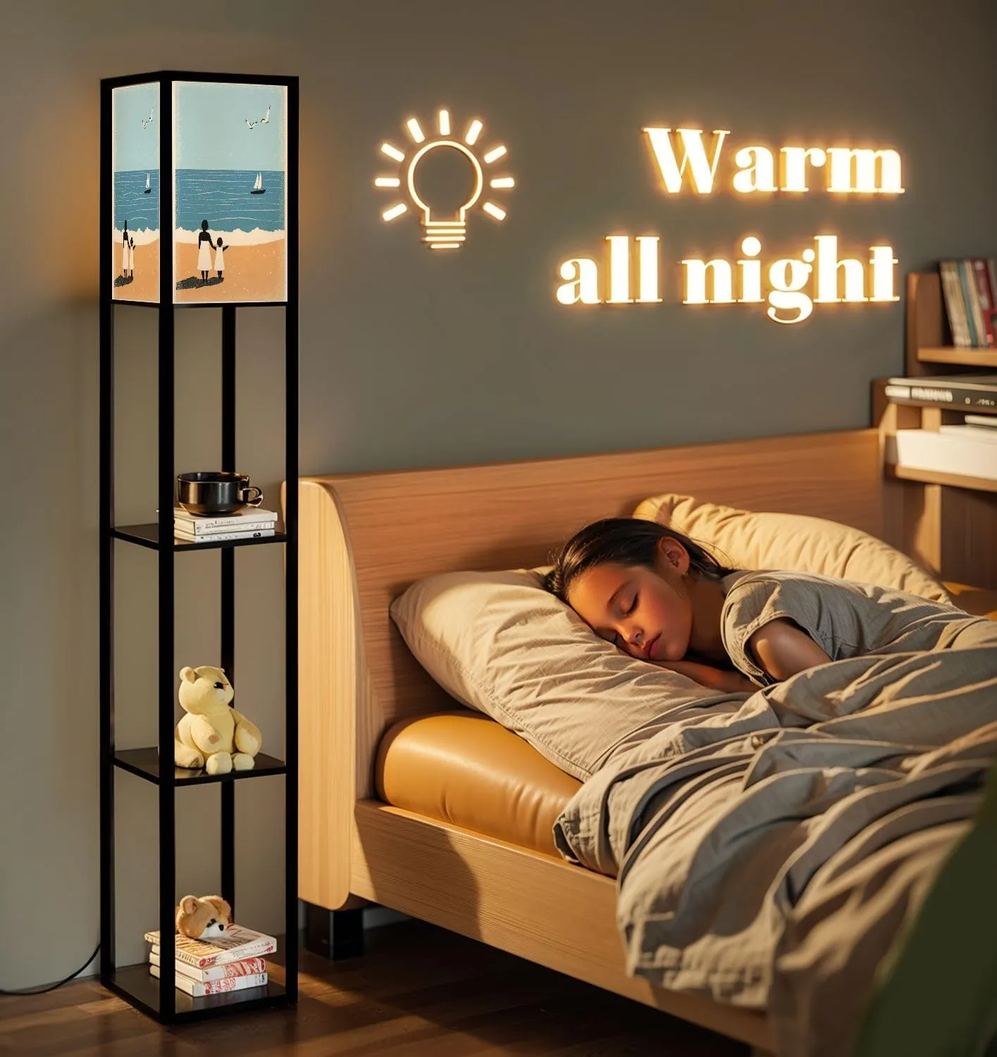 Spring Summer Beach Minimalist Mother Kid Walking Beach Postcard Floor Lamps with Shelves, Modern Standing Lamp Narrow Corner Display Bookshelf Lamp for Living Room, Bedroom, Office Decor