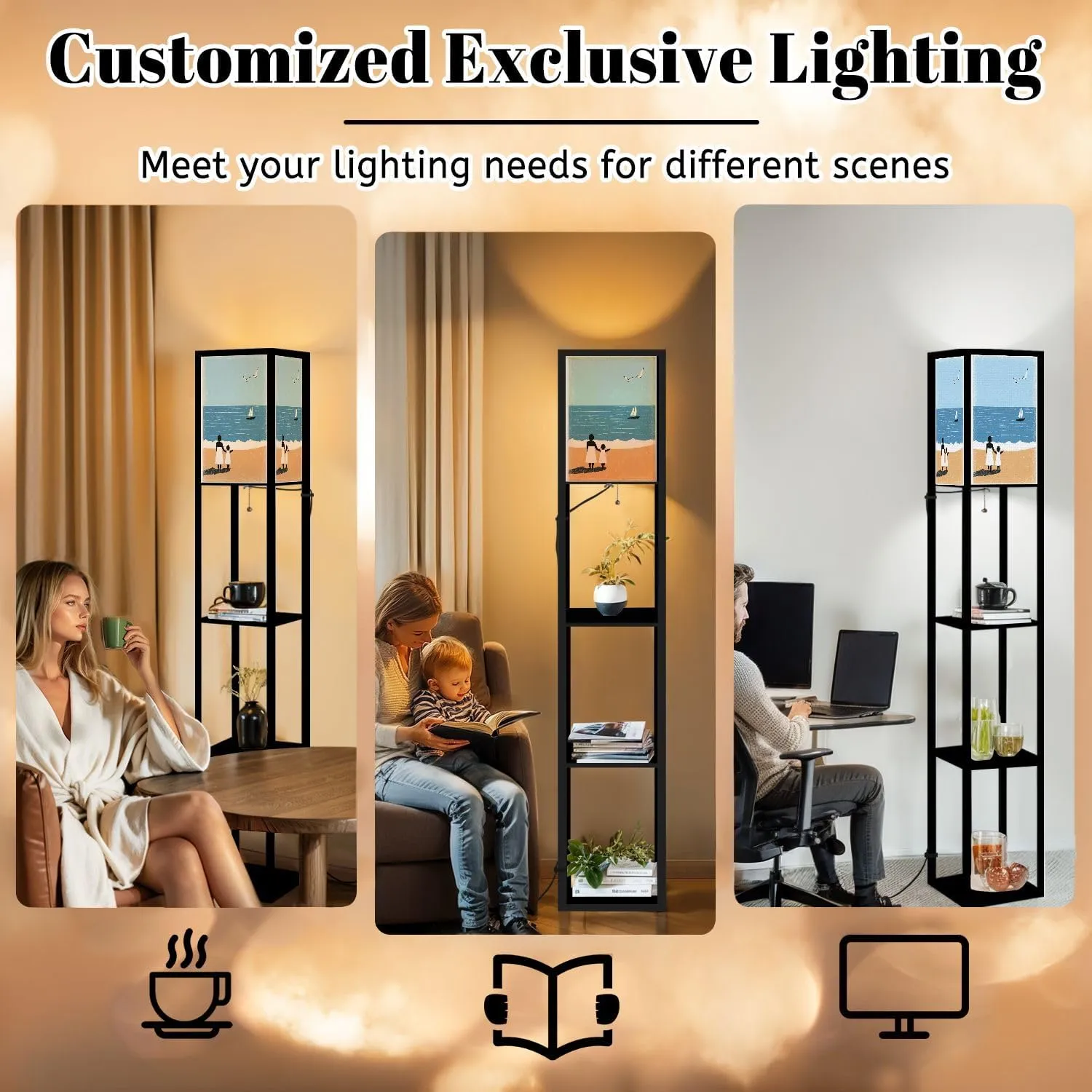 Spring Summer Beach Minimalist Mother Kid Walking Beach Postcard Floor Lamps with Shelves, Modern Standing Lamp Narrow Corner Display Bookshelf Lamp for Living Room, Bedroom, Office Decor