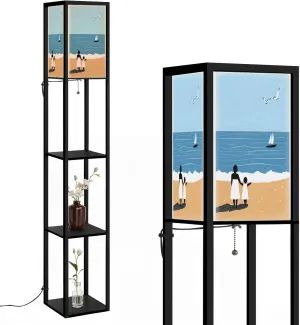 Spring Summer Beach Minimalist Mother Kid Walking Beach Postcard Floor Lamps with Shelves, Modern Standing Lamp Narrow Corner Display Bookshelf Lamp for Living Room, Bedroom, Office Decor
