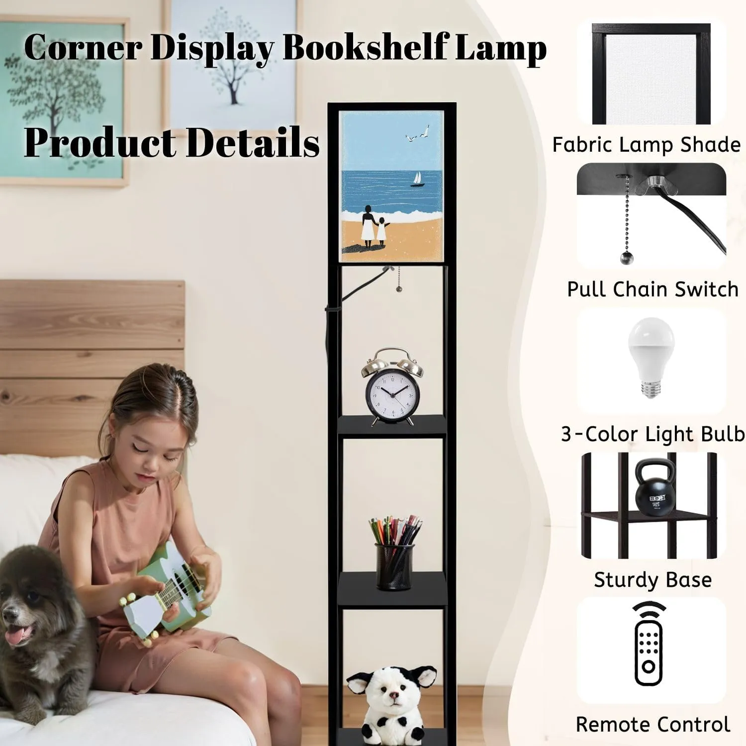 Spring Summer Beach Minimalist Mother Kid Walking Beach Postcard Floor Lamps with Shelves, Modern Standing Lamp Narrow Corner Display Bookshelf Lamp for Living Room, Bedroom, Office Decor