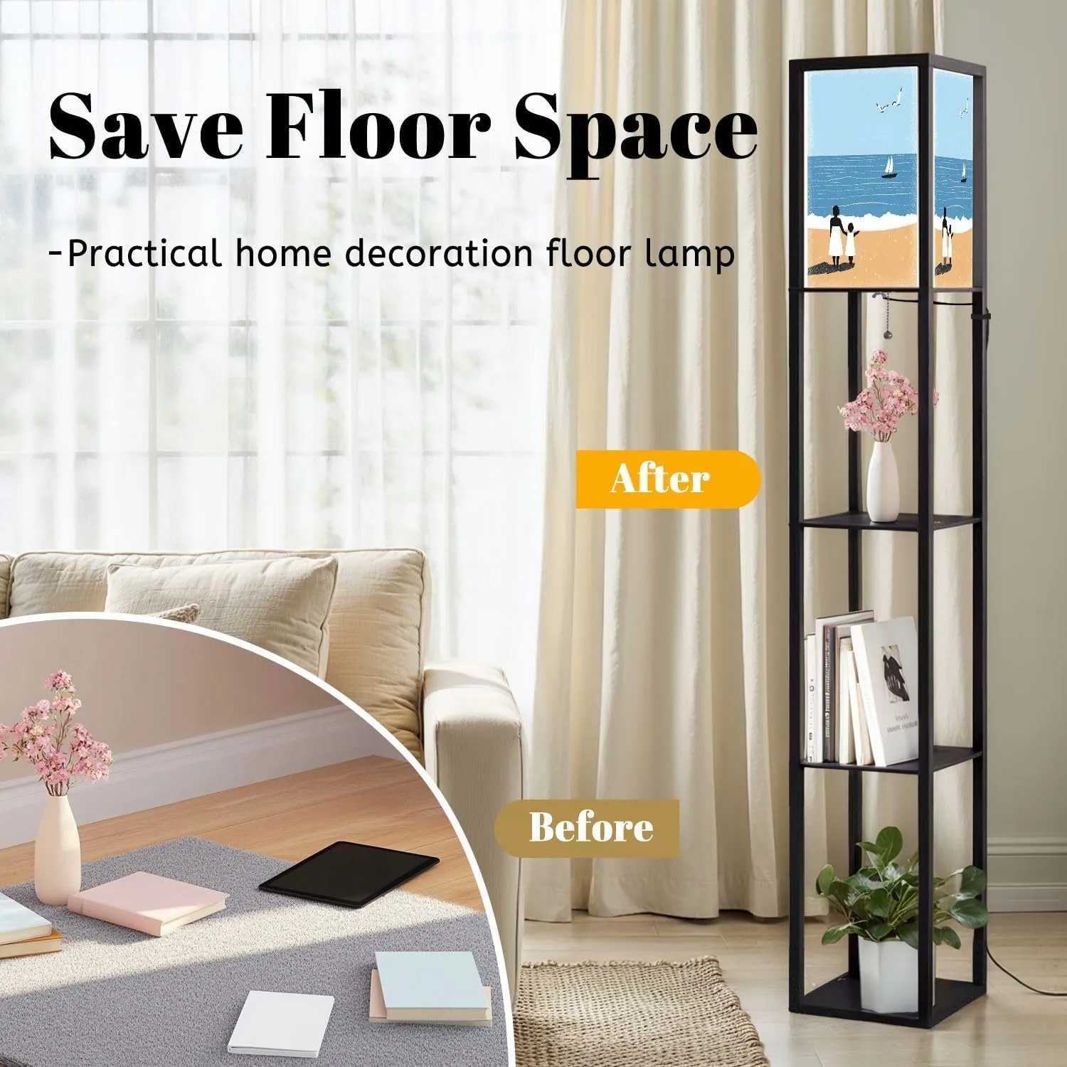Spring Summer Beach Minimalist Mother Kid Walking Beach Postcard Floor Lamps with Shelves, Modern Standing Lamp Narrow Corner Display Bookshelf Lamp for Living Room, Bedroom, Office Decor