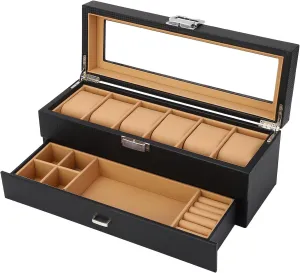 Srliya Dual Layer 6 Slot Watch Box, Carbon Fiber PU Leather Jewelry Organizer with Drawer, Transparent Glass Lid, for Watches and Accessories