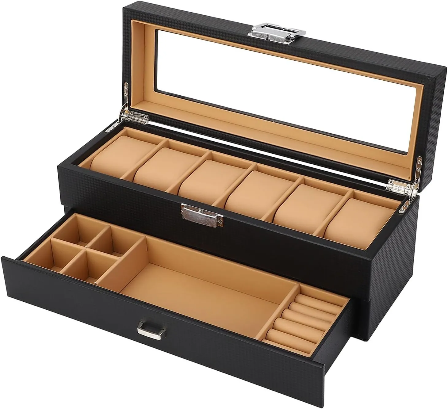 Srliya Dual Layer 6 Slot Watch Box, Carbon Fiber PU Leather Jewelry Organizer with Drawer, Transparent Glass Lid, for Watches and Accessories
