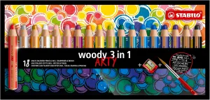 STABILO Multi-Talented Pencil woody 3 in 1 ARTY - Pack of 18 - Assorted Colors with Sharpener and Paint Brush